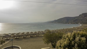 Une plage avec des parasols en chaume et un rivage sablonneux.