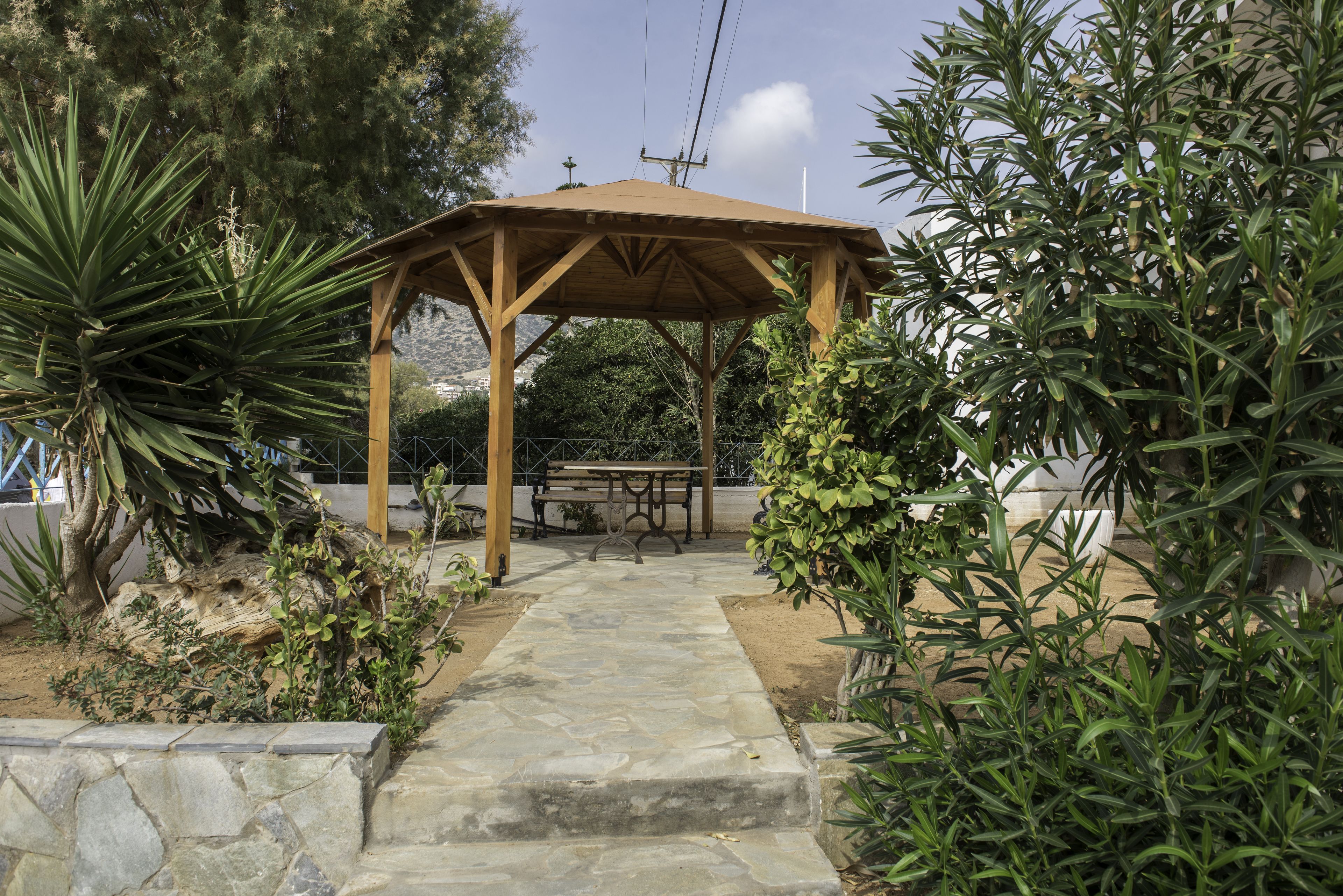 A gazebo with a stone pathway leading to a picnic table, surrounded by various plants and trees.