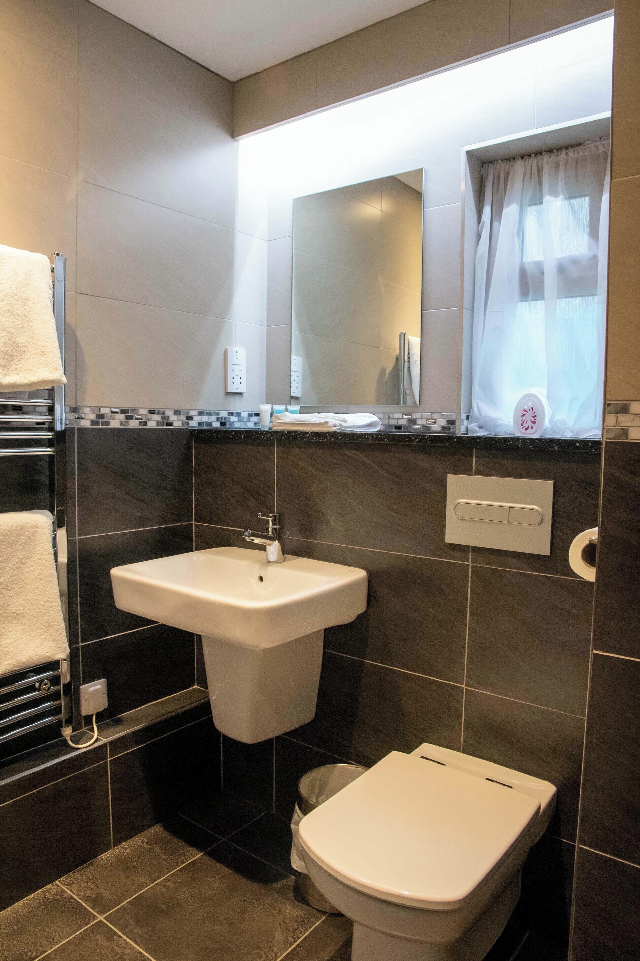 A modern bathroom with a large sink, toilet, and towel rack.