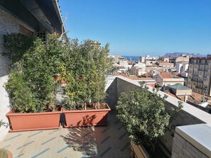 Une terrasse sur le toit agrémentée de plantes en pot, offrant une vue sur le paysage urbain et s’ouvrant sur un ciel bleu dégagé.