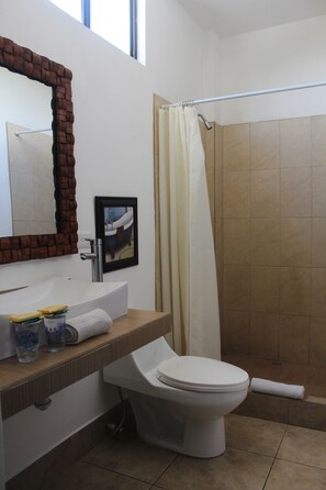 Shower, hair dryer, towels