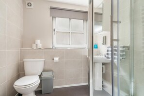 Shower, free toiletries, hair dryer, towels