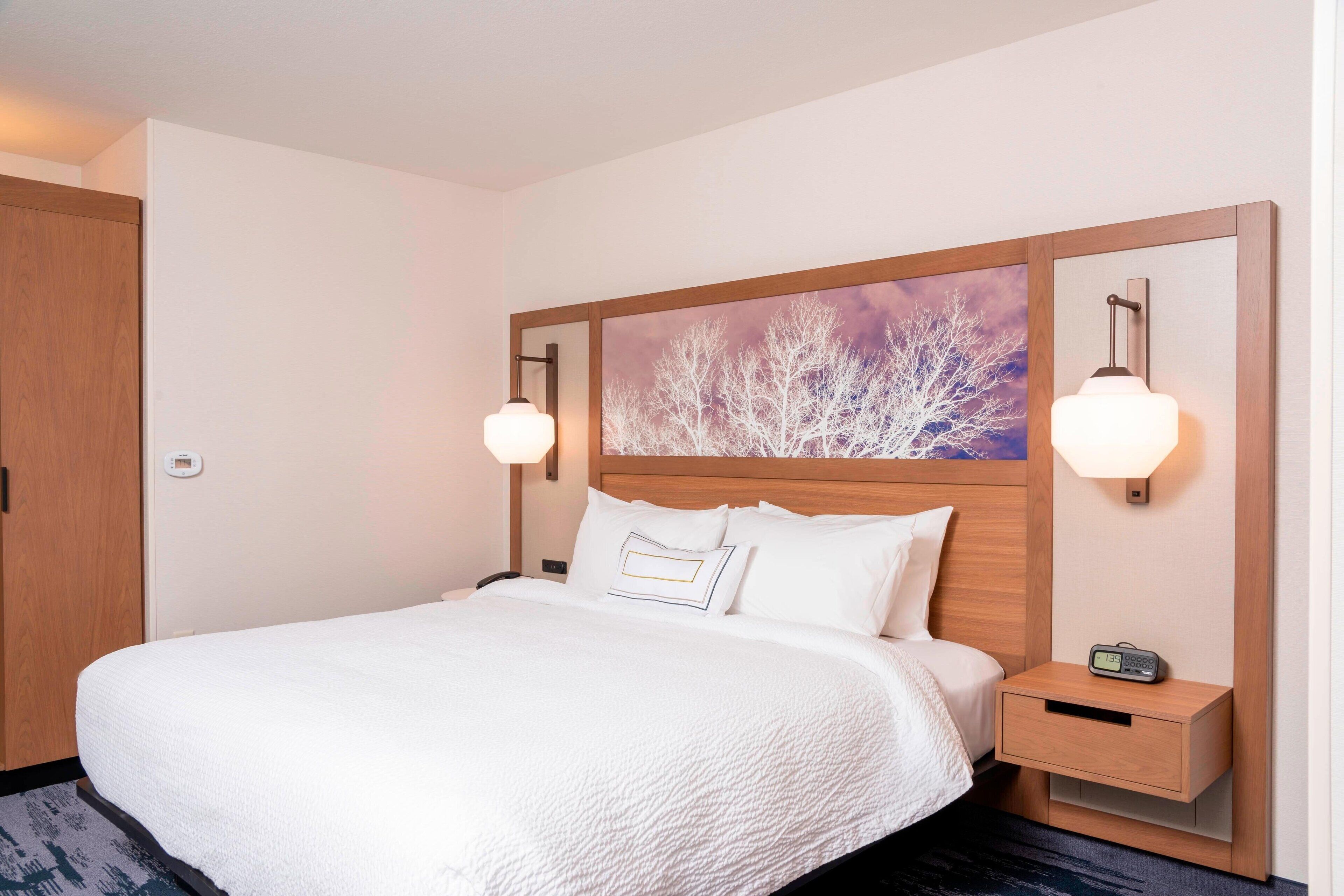 A hotel room with a large bed, a nightstand with a lamp, and a wall-mounted artwork.