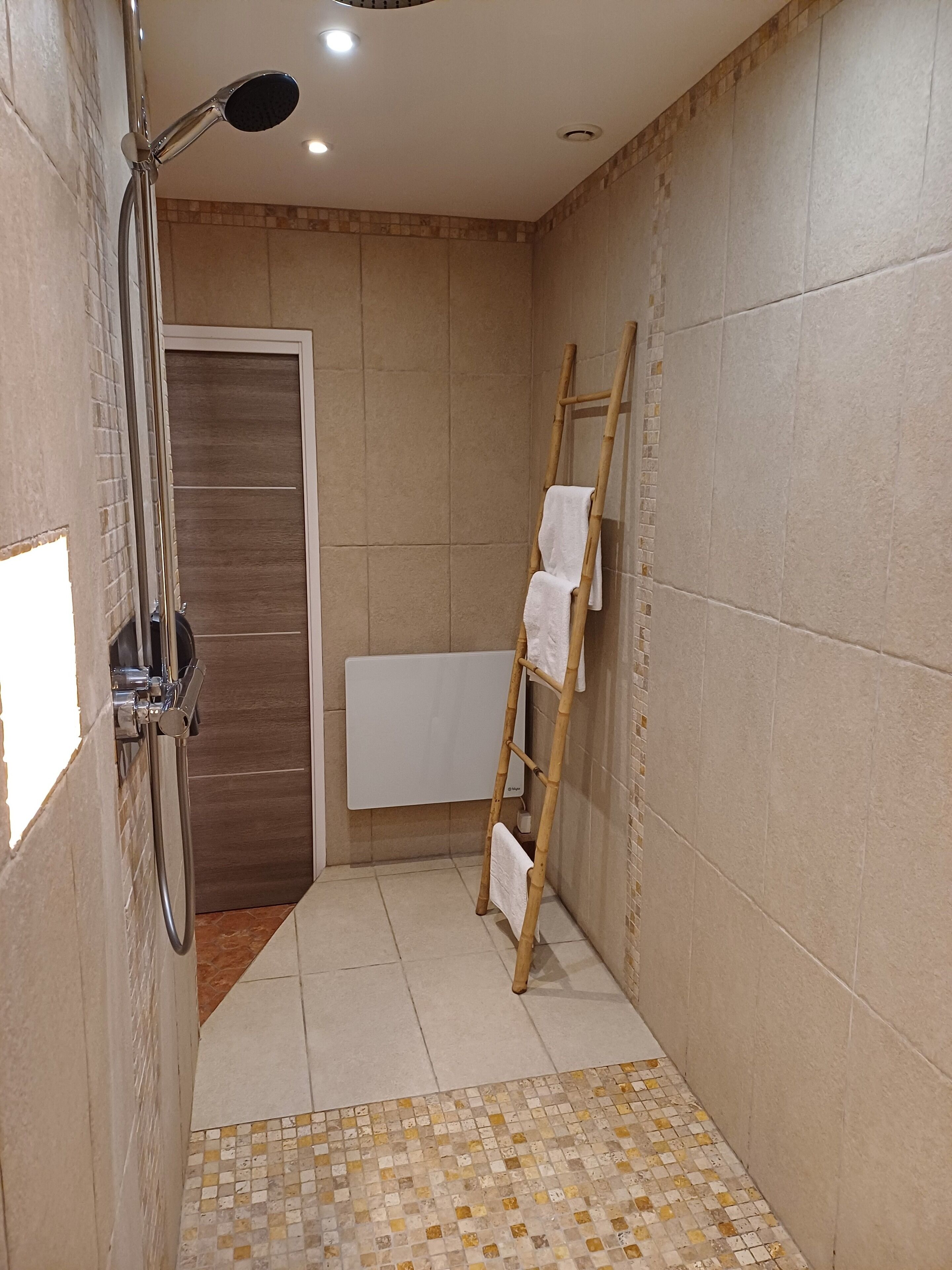 A small bathroom with a shower, a toilet, and a towel rack.