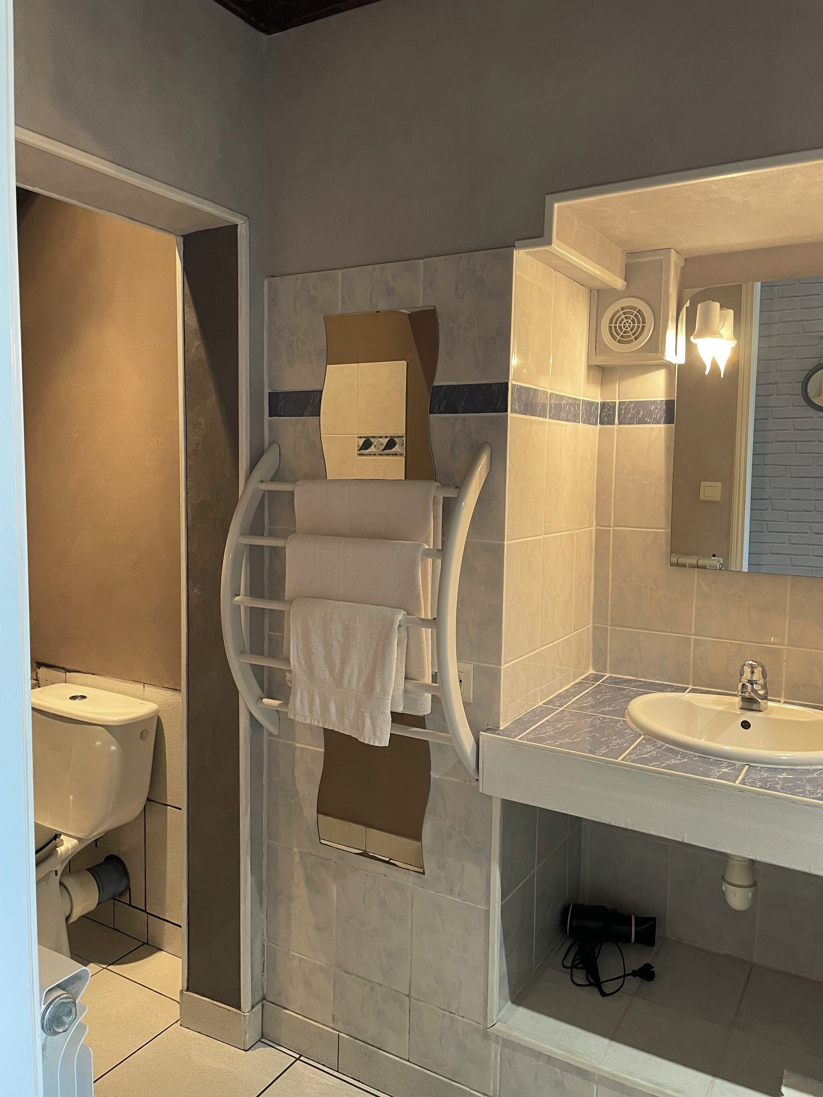 A bathroom with a toilet, a sink, a towel rack, and a mirror.