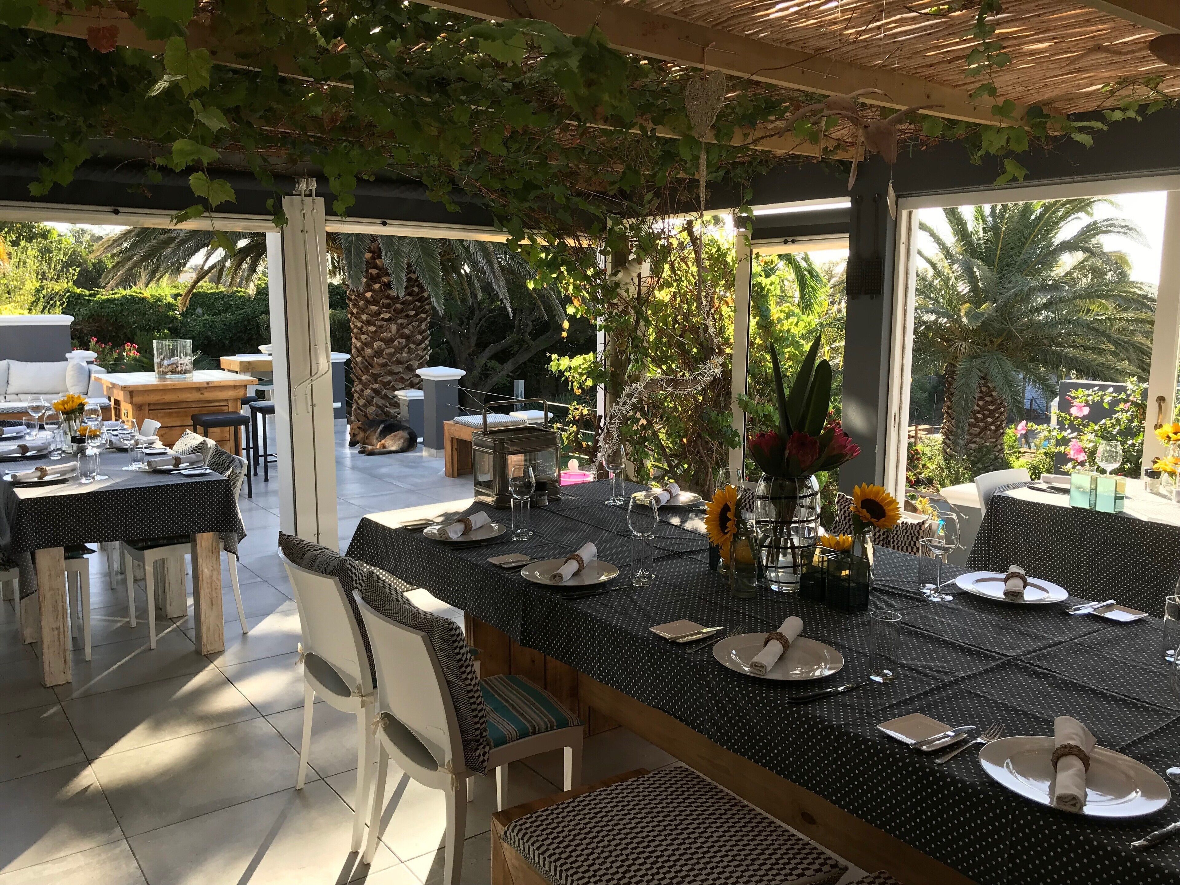 An outdoor dining area with tables set for two, surrounded by greenery and palm trees.