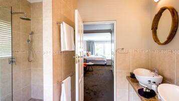 A bathroom with a shower, sink, and mirror.