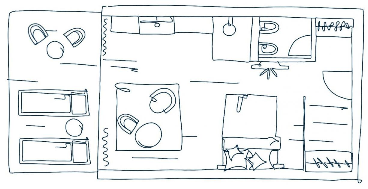 A simple line drawing of a room with a bed, a desk, a chair, and a window.