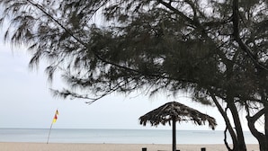 Una playa con una sombrilla de paja, una bandera y árboles.