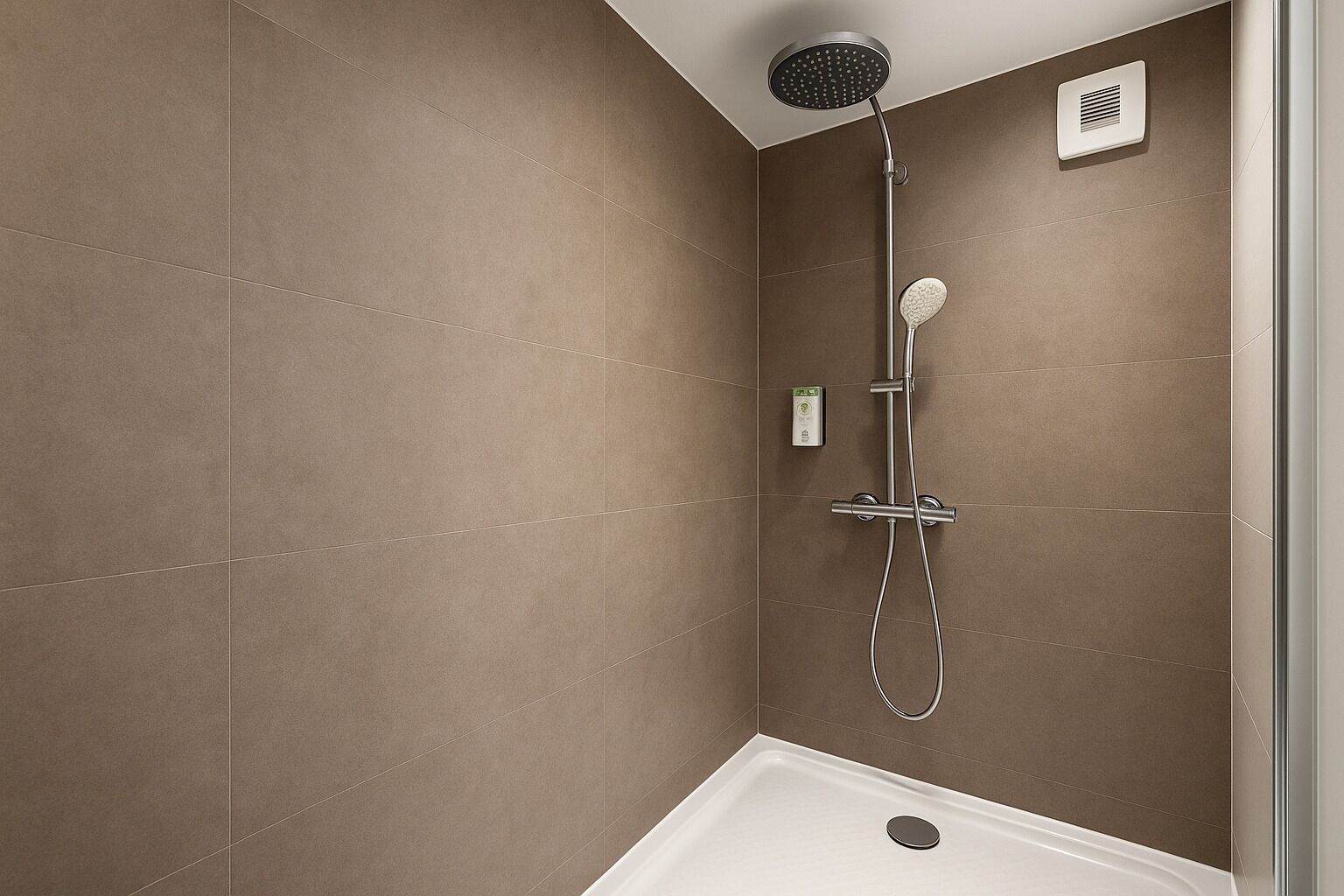 Ducha con cabezal de ducha de mano y panel de control en la pared.