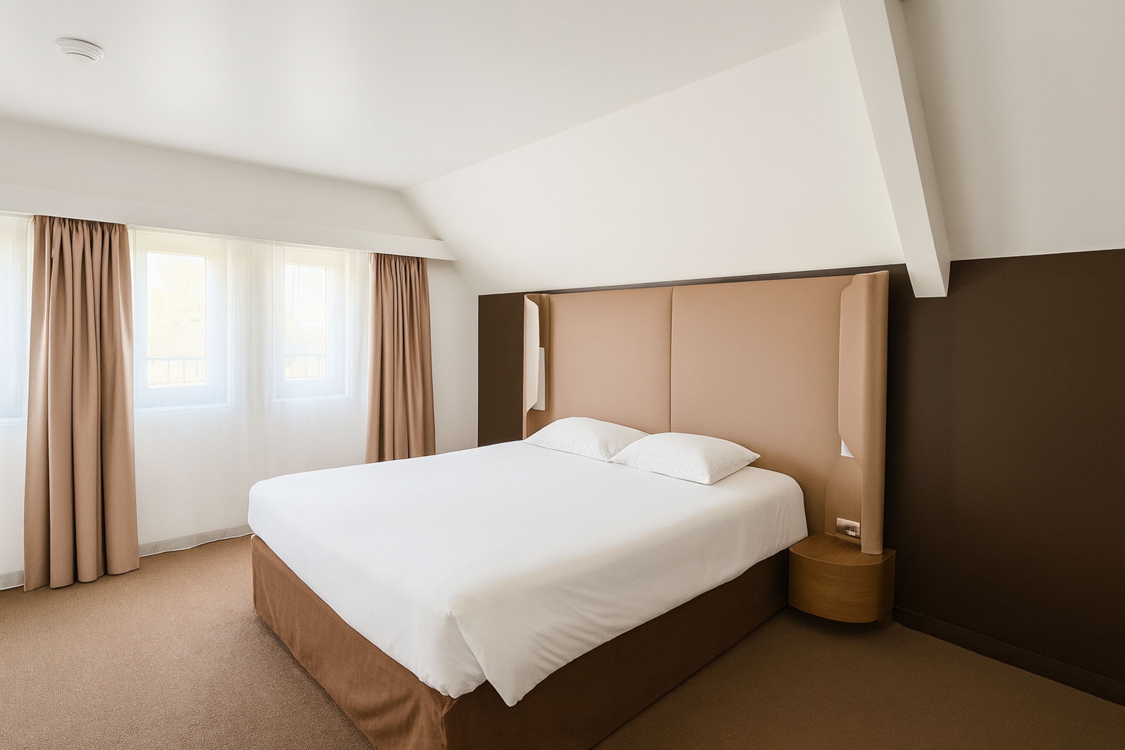 A hotel room with a large bed, a bedside table, a lamp, and a window with curtains.