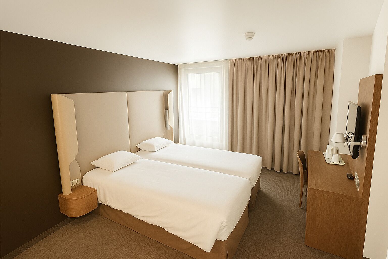 Habitación de hotel con dos camas, un escritorio, una silla, un televisor y una ventana con cortinas.