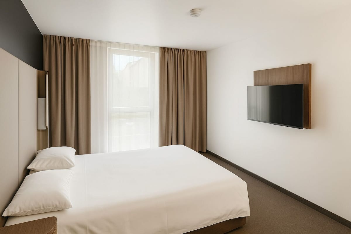 A hotel room with a bed, a TV mounted on the wall, and a window with curtains.