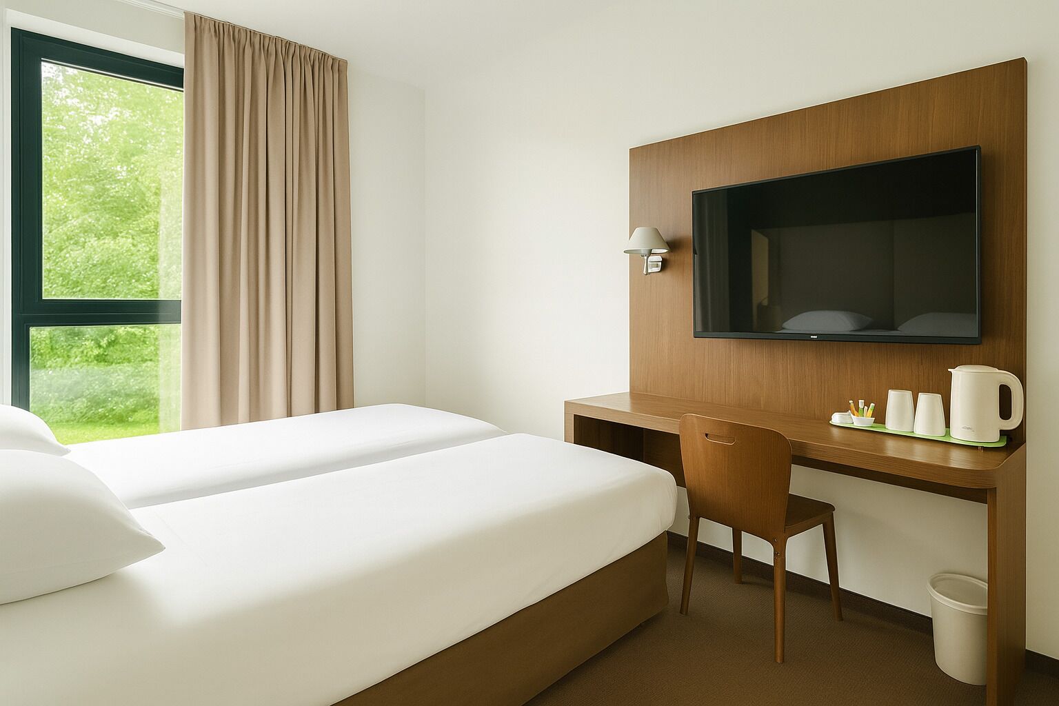 A hotel room with a bed, a desk, a chair, a TV, and a window with curtains.