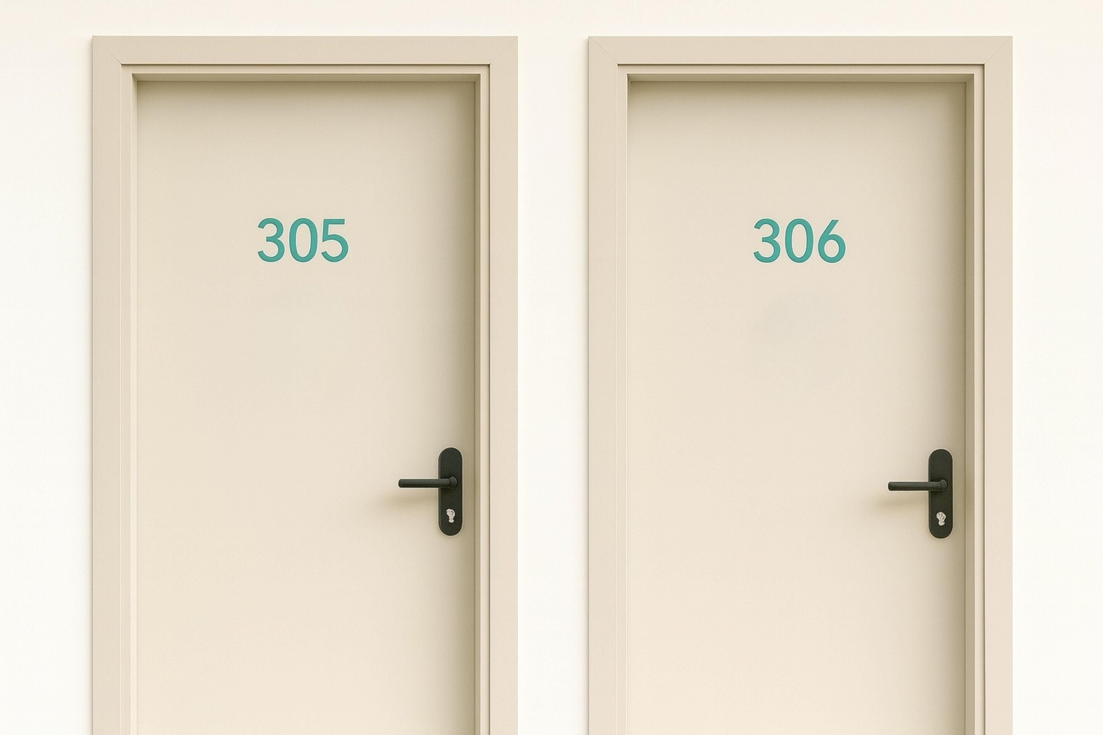 Two doors labeled 305 and 306 with a simple, modern design and a keyhole on the right side.