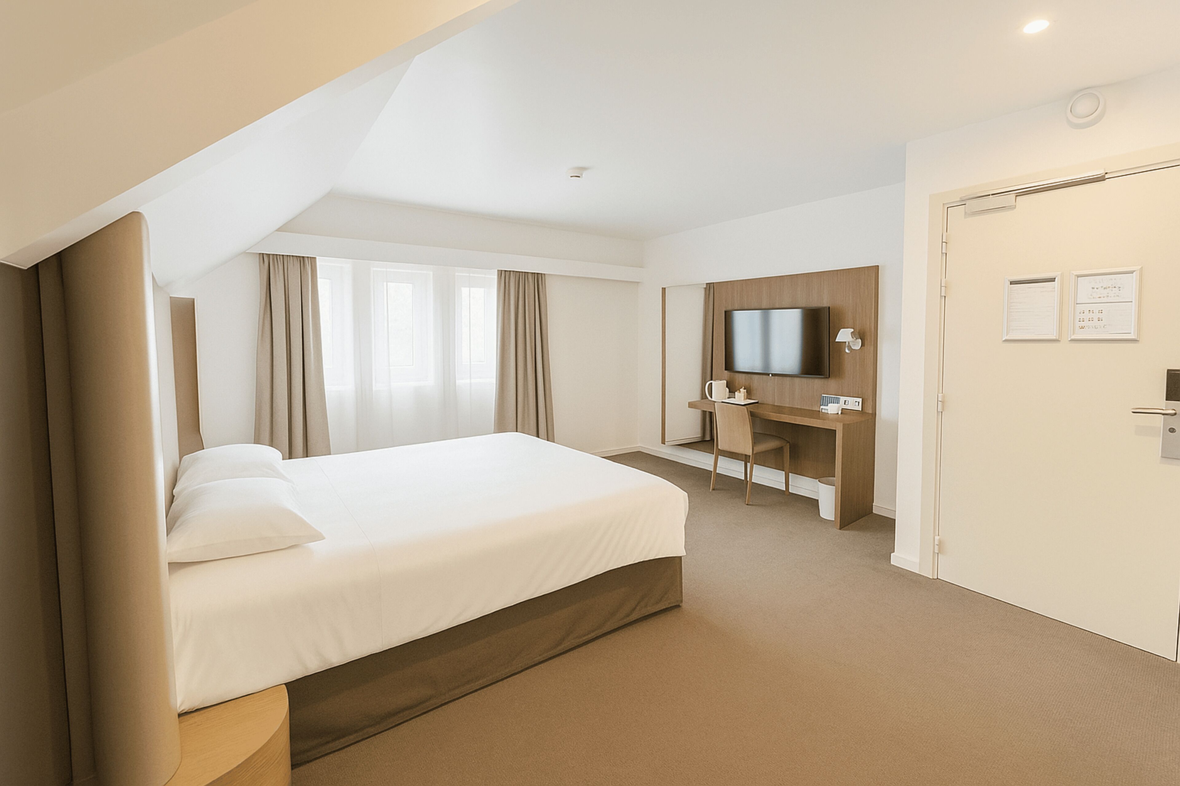 A hotel room with a bed, desk, chair, television, and a door.