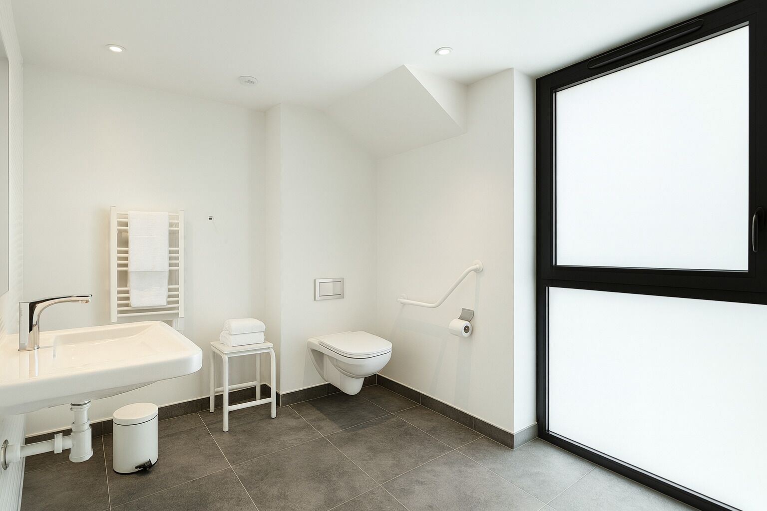 Ein modernes Badezimmer mit einem weißen Waschbecken, einer Toilette, einem Bidet, einem kleinen Hocker und einem Mülleimer.