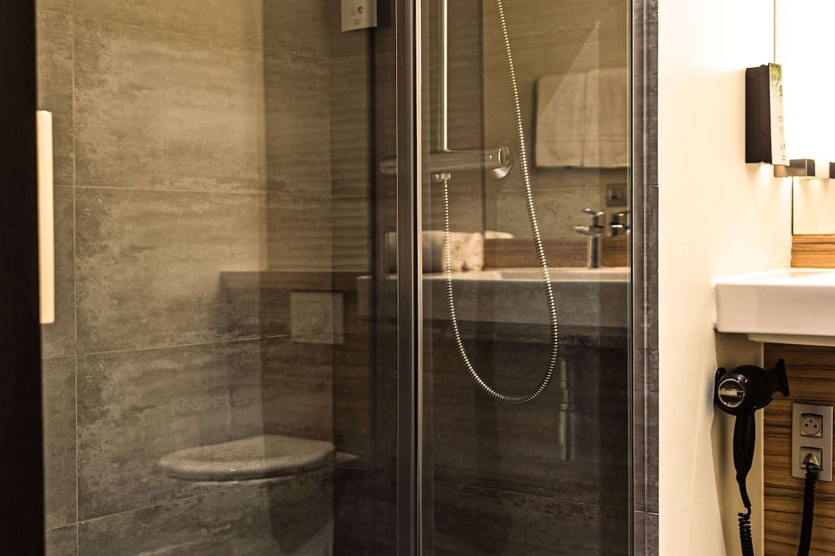 eco-friendly toiletries, hair dryer, towels