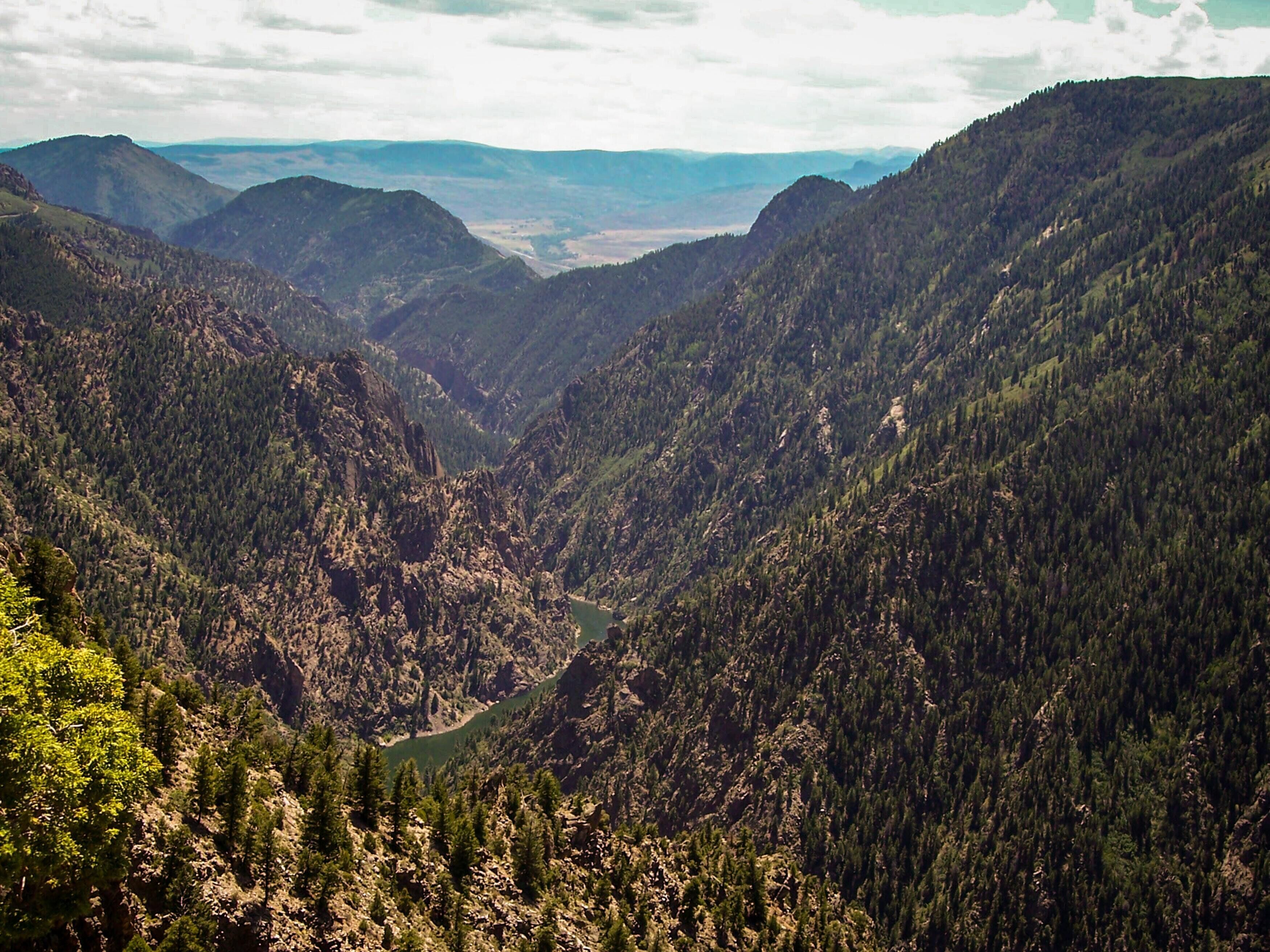 A mountainous landscape with dense forests and a valley.