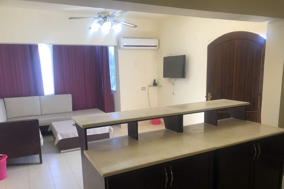 Un salon comprenant un canapé, une longue table, un ventilateur de plafond, un appareil de climatisation et un téléviseur fixé au mur.