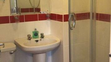 Un bagno con il water, lavandino e cabina doccia in vetro.