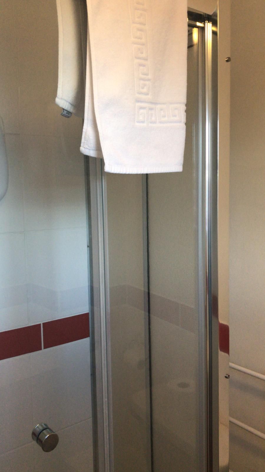 A bathroom with a glass shower enclosure, a towel rack, and a towel hanging on the wall.