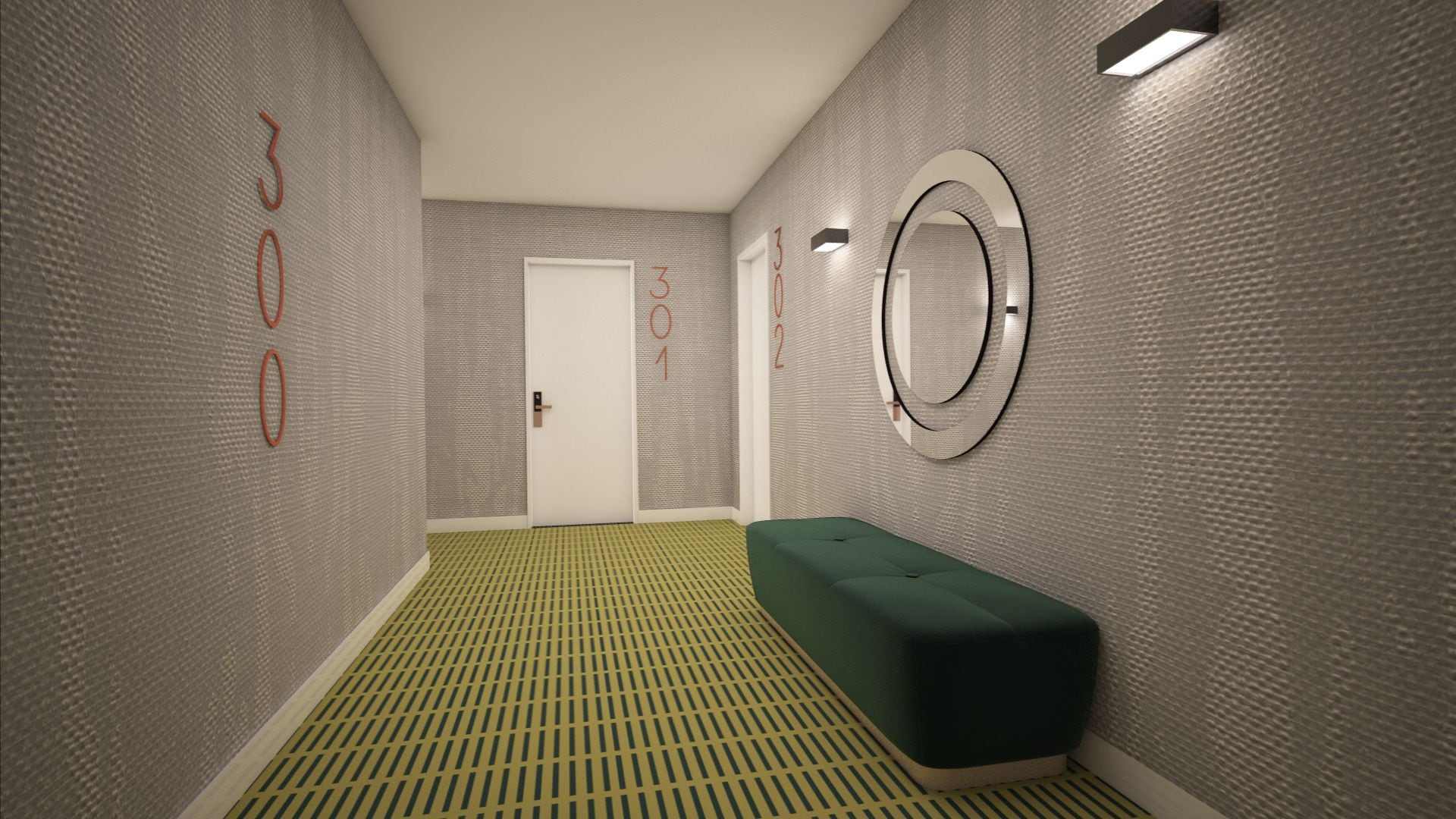 A narrow hallway with a green patterned floor, a green bench, and a wall-mounted mirror.