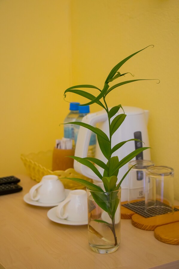 A small plant in a glass vase on a table with white cups and a coffee maker in the background.
