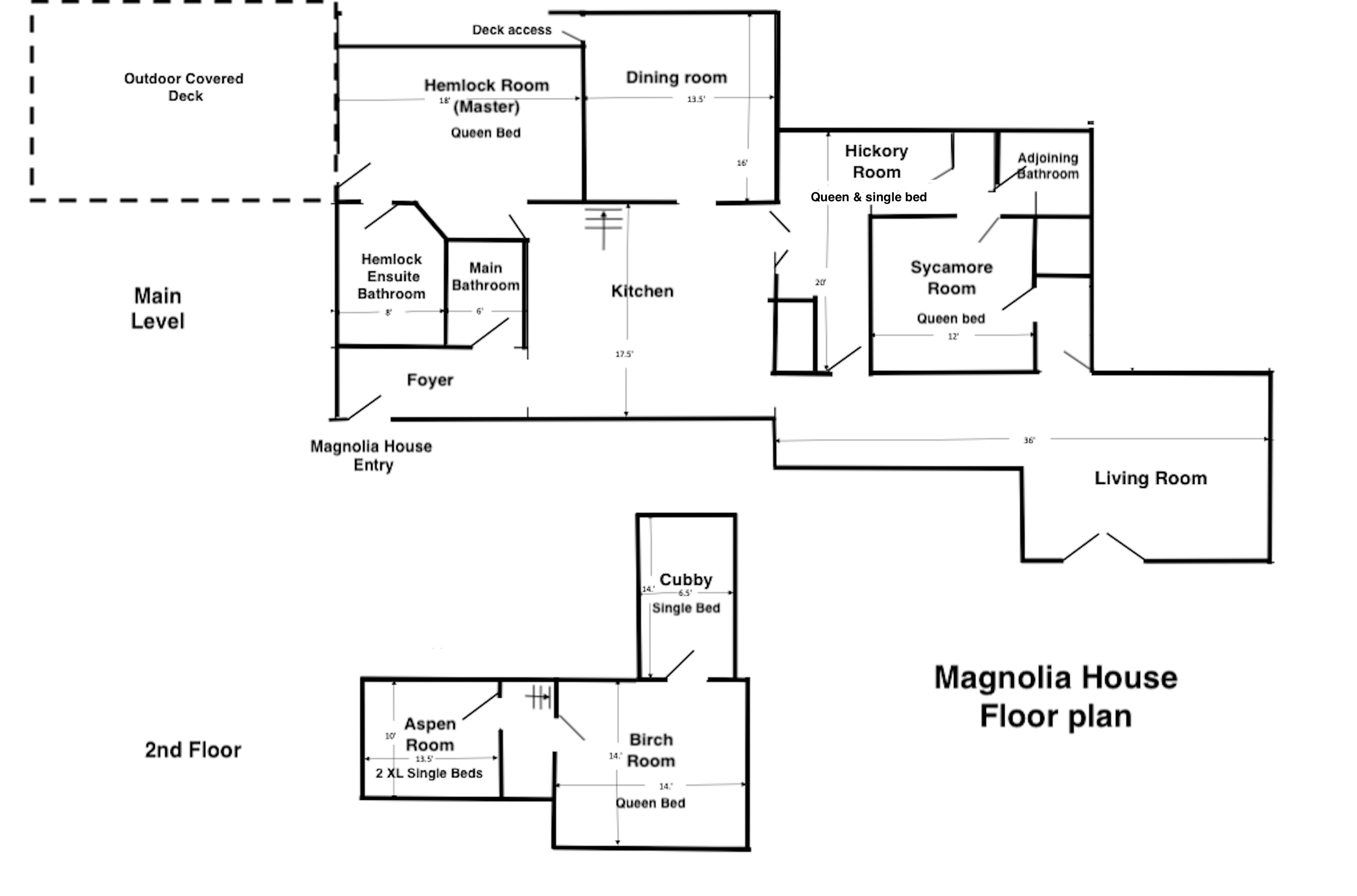 A floor plan of Magnolia House with a main level including a dining room, kitchen, and living room. The second floor has an entry, a cubby with a single bed, an Aspen room, and a Birch room with a queen bed.