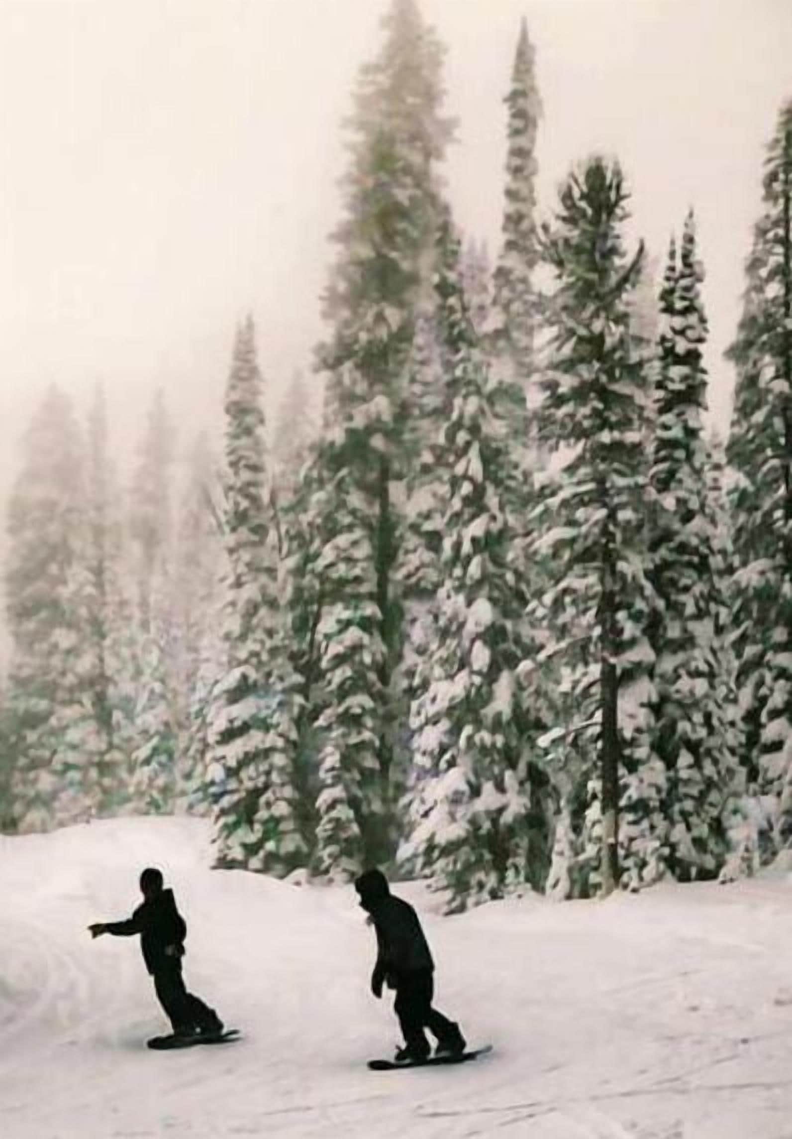 Paesaggio innevato con due persone che fanno snowboard.