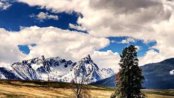 A mountain landscape with snow-capped peaks, a clear sky, and a solitary tree.