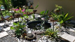 A garden with a pond, potted plants, and stepping stones. - Millsborough B&B (Kingston)