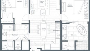 Ein Grundriss eines Hotels mit Balkon, Schlafzimmer, Wohnbereich, Essbereich, Kochnische und Bad sowie Eingang.