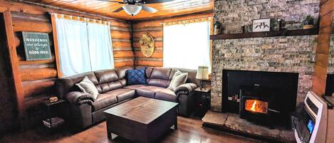 TV, fireplace, DVD player, books