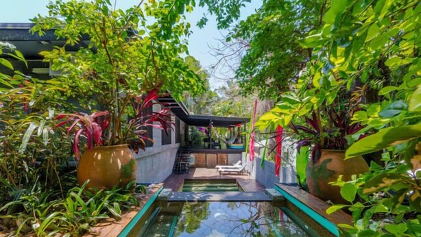 A lush garden with a central water feature, surrounded by various plants and a small seating area. - Celadon Holiday House @ PALM COVE (Palm Cove)