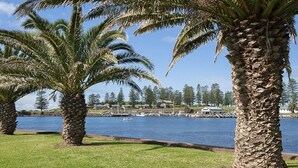 A coastal view with palm trees, a marina, and houses in the background. - Shoreline 501 Sebel Kiama (Kiama)