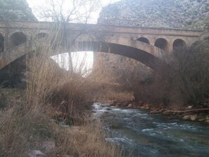 Un puente de piedra sobre un río caudaloso con vegetación circundante.