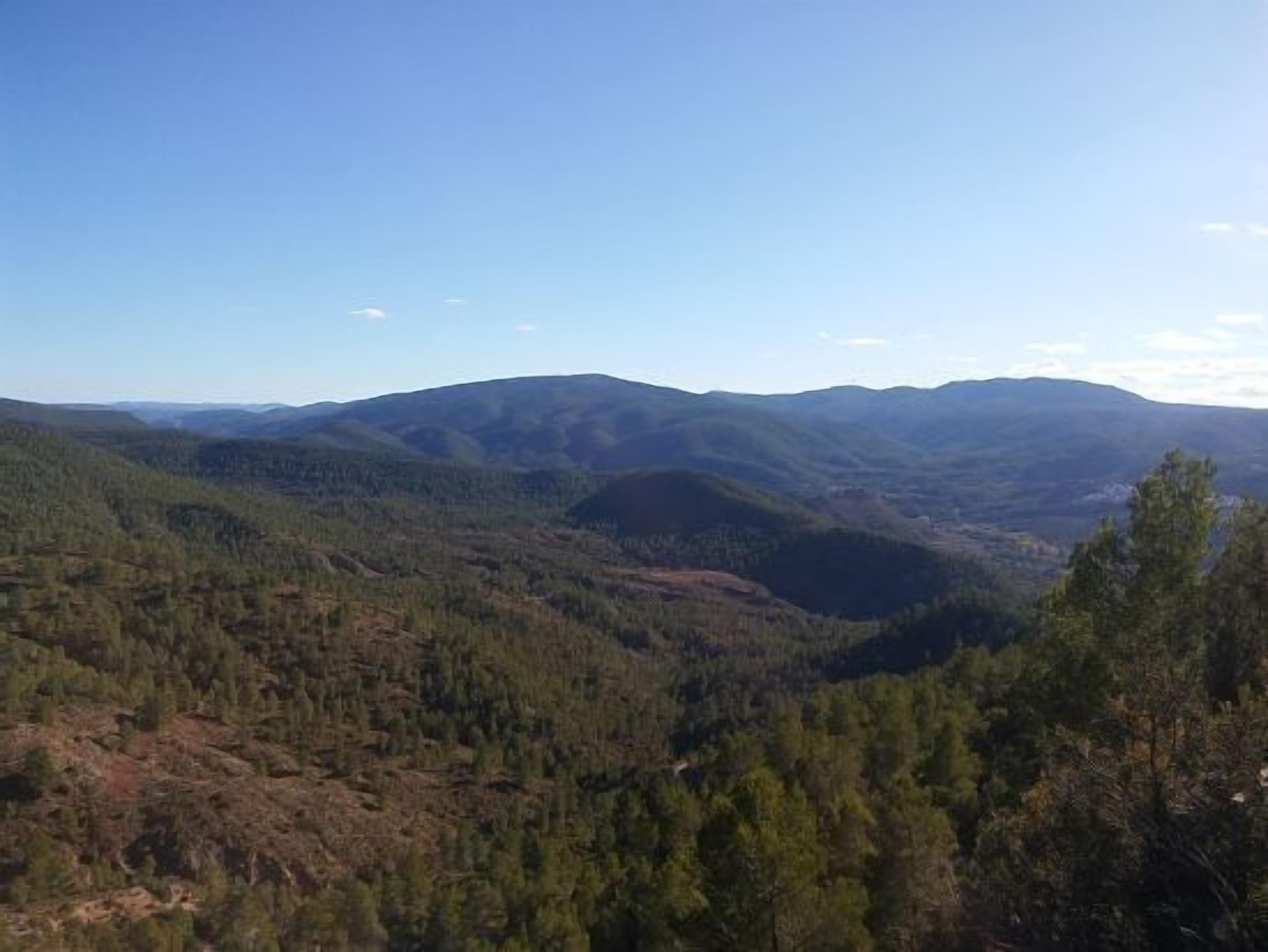 Paisagem montanhosa com florestas densas e céu claro.