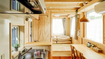 Flat-screen TV, fireplace