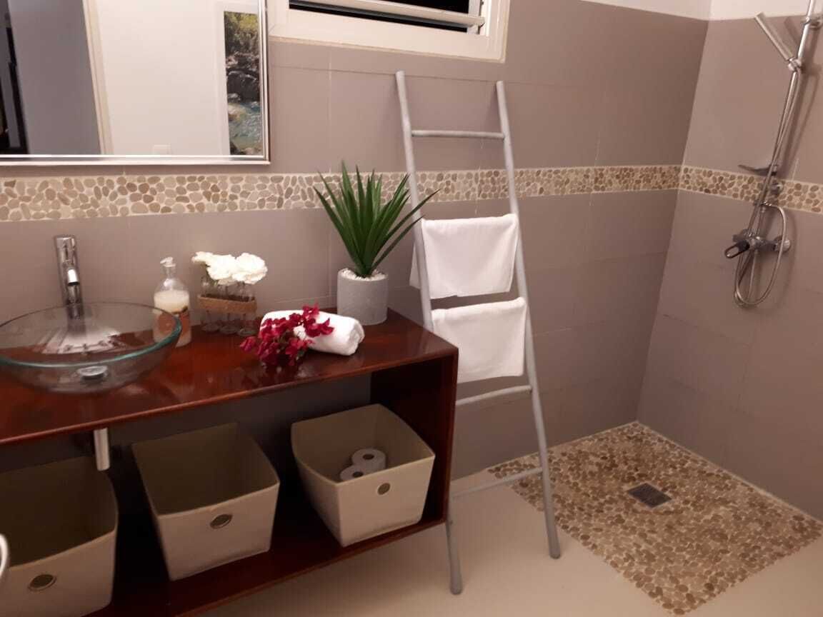 Ein Badezimmer mit einem Waschbecken aus Glas, einem weißen Handtuch, einer Pflanze und einer Dusche.