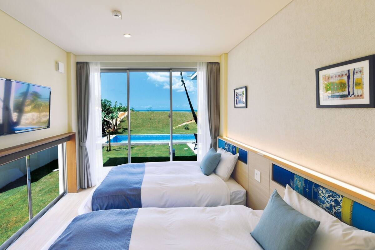 Een hotelkamer met twee bedden, een televisie, een groot raam met uitzicht op zee en een beveiligingscamera aan het plafond.