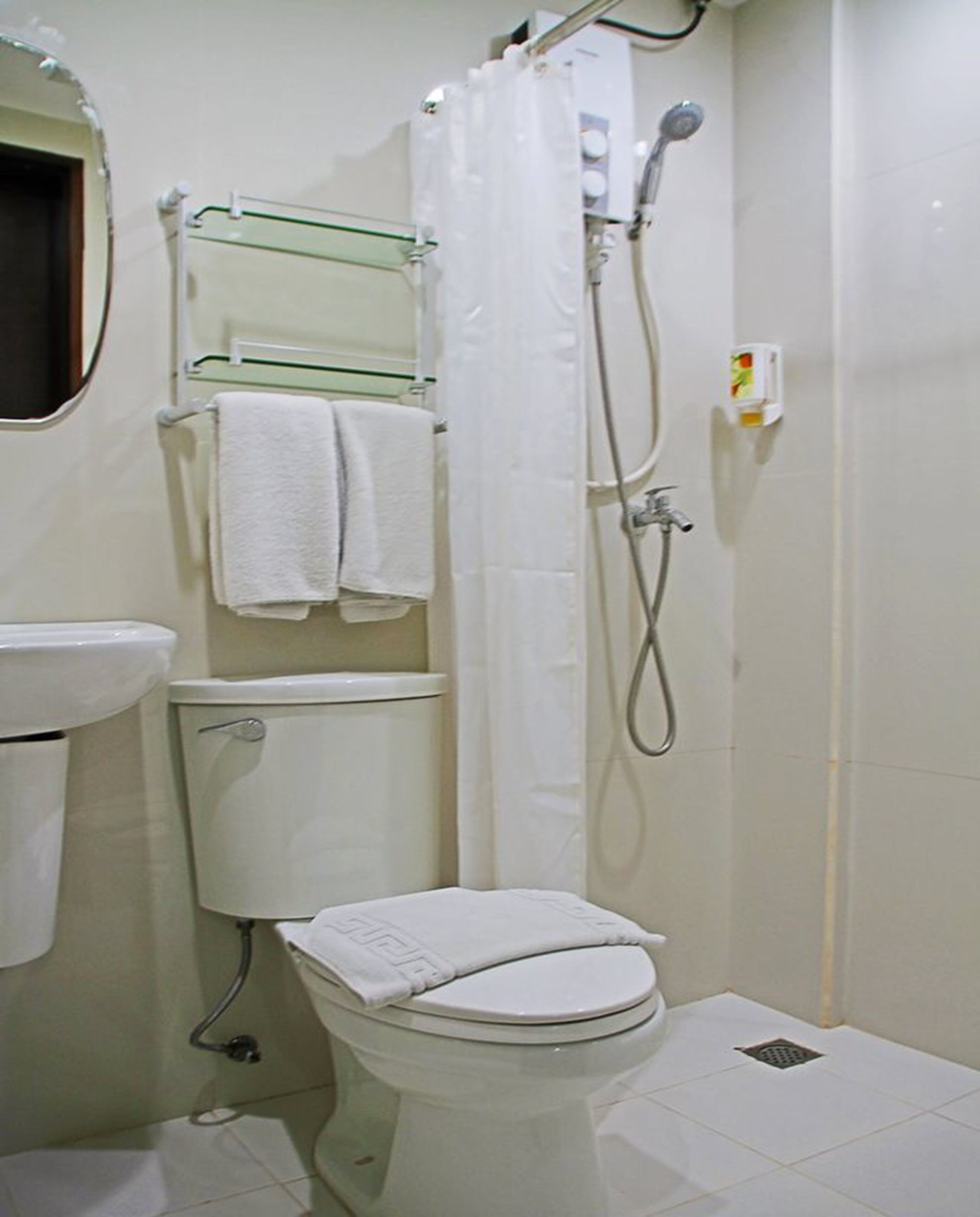 shower, free toiletries, hair dryer, towels