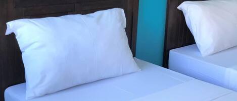 Two twin beds with dark wooden headboards and white bedding.