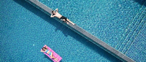 Outdoor pool, pool umbrellas, pool loungers