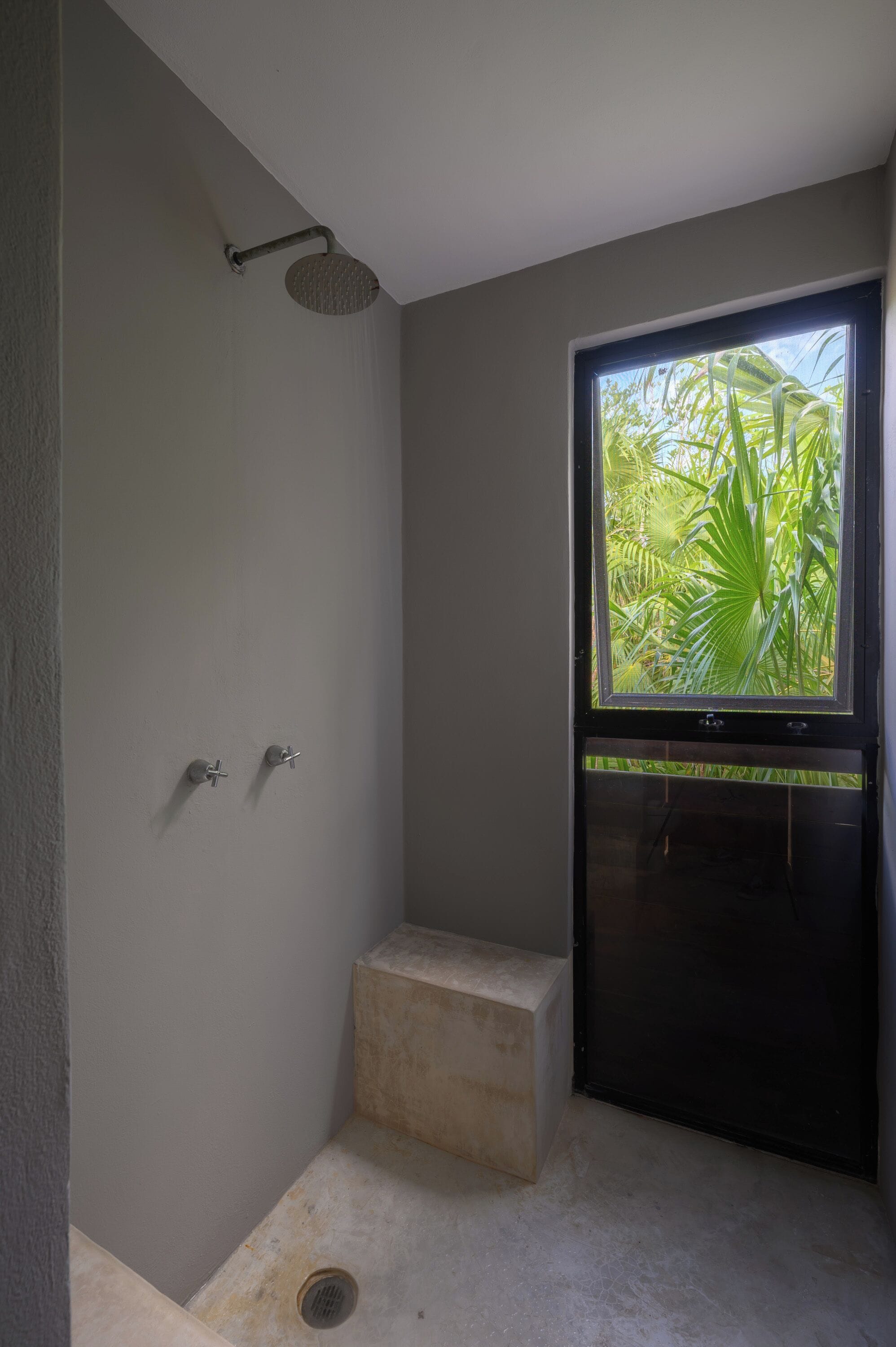 Un baño con ducha, una ventana con vistas a la vegetación y un pequeño escalón que lleva a una puerta.