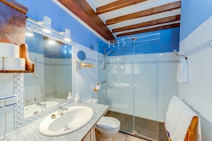 Eco-friendly toiletries, hair dryer, towels, soap