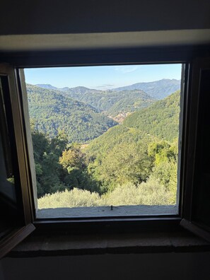 Ein Fenster mit Blick auf eine gebirgige Landschaft.