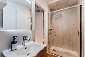 Bathtub, hair dryer, soap, toilet paper