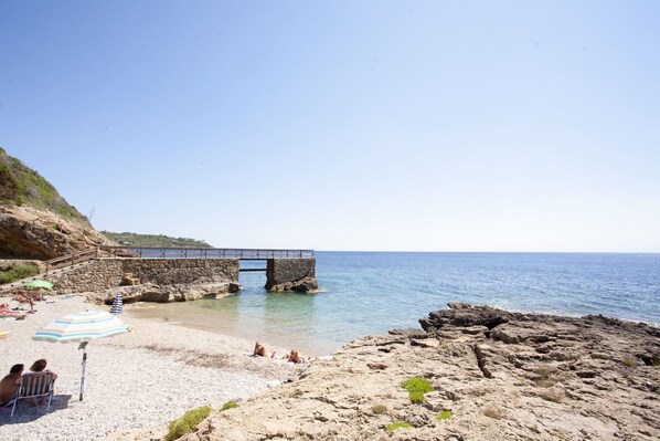 Une plage avec un pont de pierre enjambant l’eau, un terrain rocheux et des gens qui se détendent.