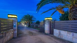 Un chemin pavé mène à une entrée fermée par un portail, bordée de palmiers et d’un mur de pierre.